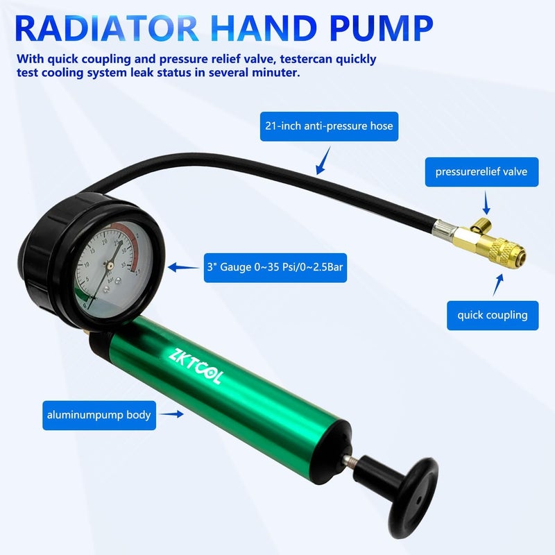 ZKTOOL Aluminum Automotive Cooling System Radiator Pressure Tester Tool,Pressure Test Pump with Pressure Gauge, Aluminum Hand Pump.Compatible with adapters for Various car Models. - Image 2